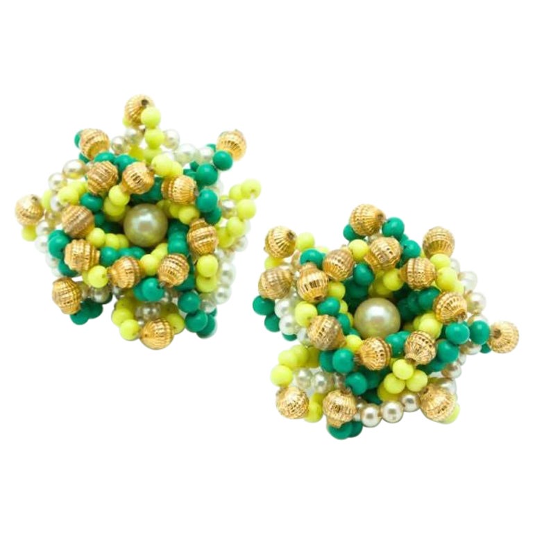 Unique Vintage Yellow Green Pearls Clip-on Earrings, c.1960 For Sale