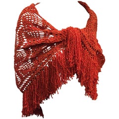 Vintage 1970s Copper Yarn and Gold Lurex Fringed Crochet Shawl