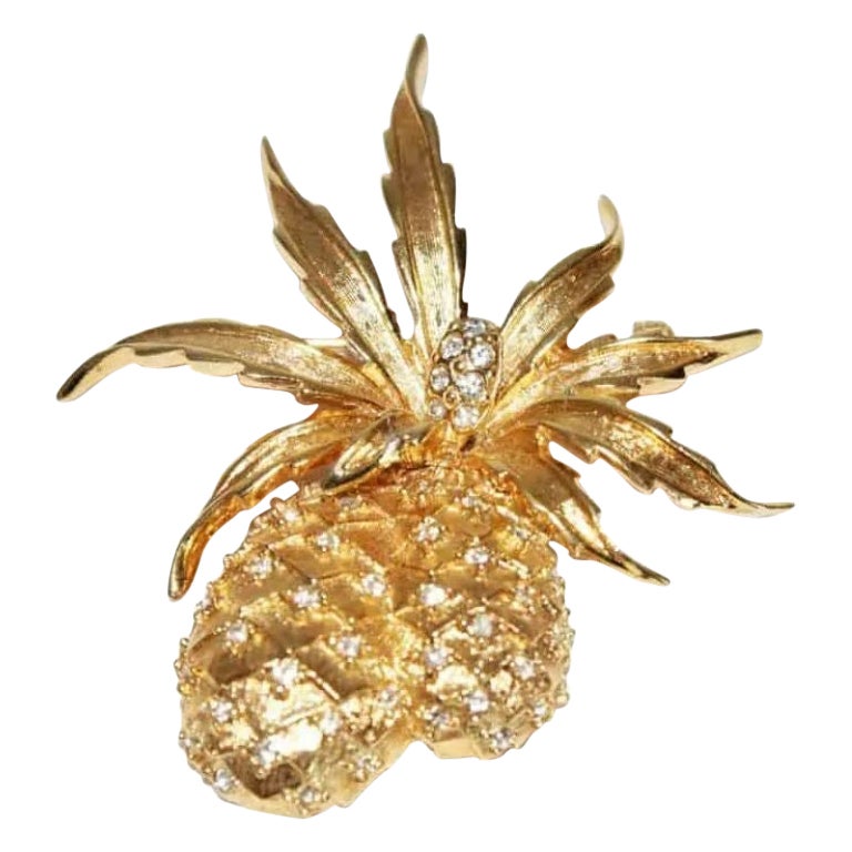 Broche ananas vintage en pierres de cristal et métal doré, années 60