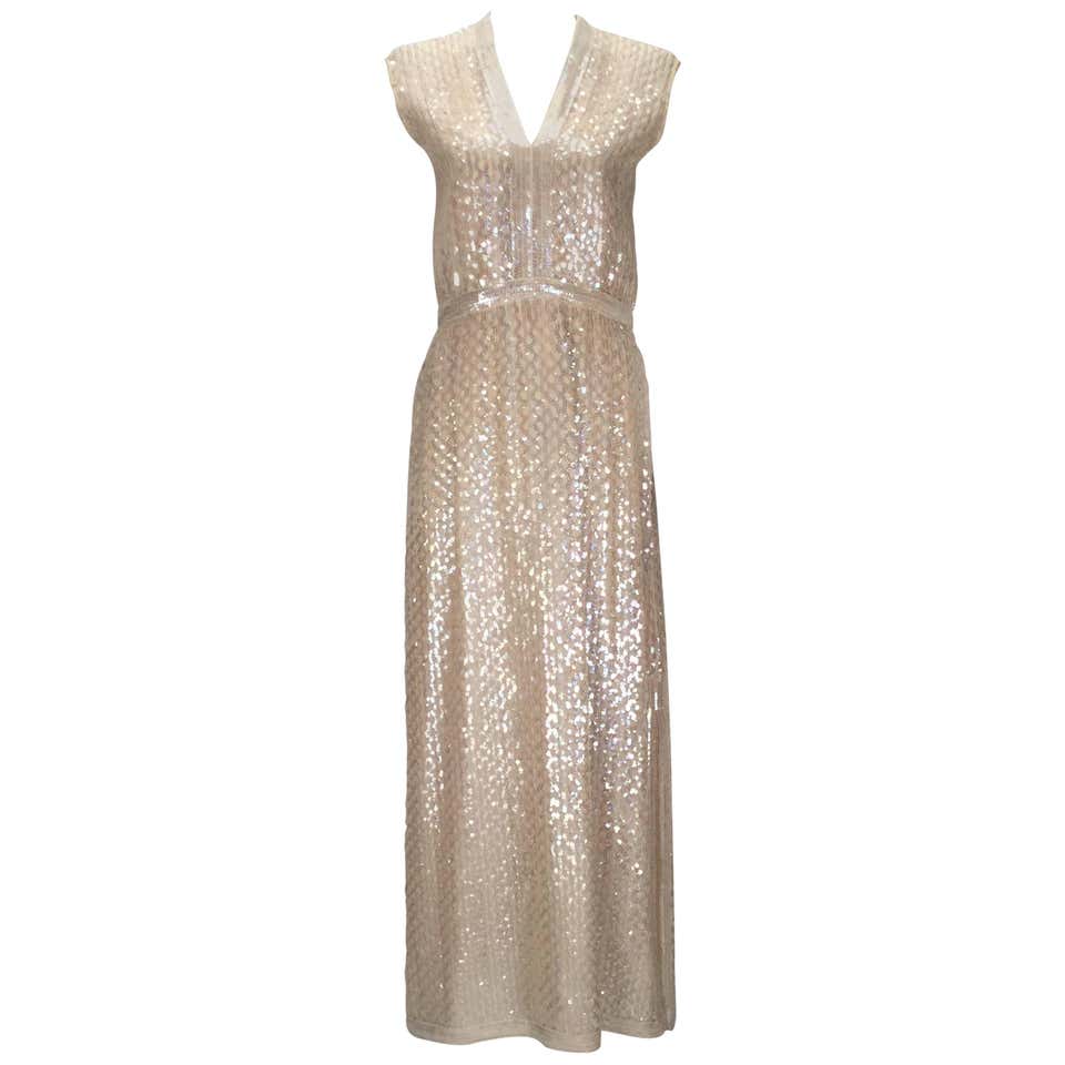 1960s Fred Perlberg Iridescent Ivory Sequined Evening Dress at 1stDibs