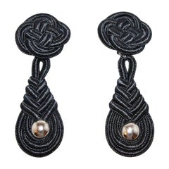 1er Etage Black Passementerie Chrome Vintage Earrings, 90s