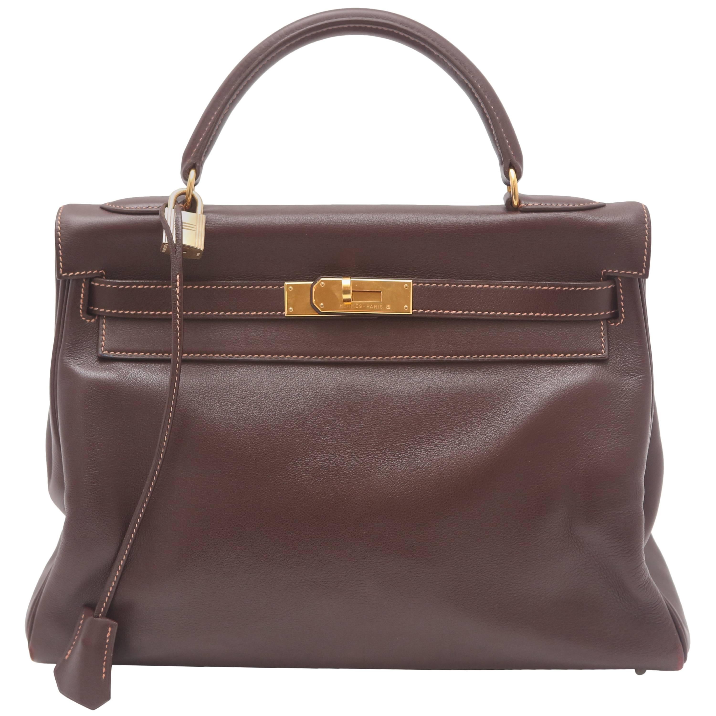 Hermes 32CM Brown Leather Kelly Handbag Circa 1994