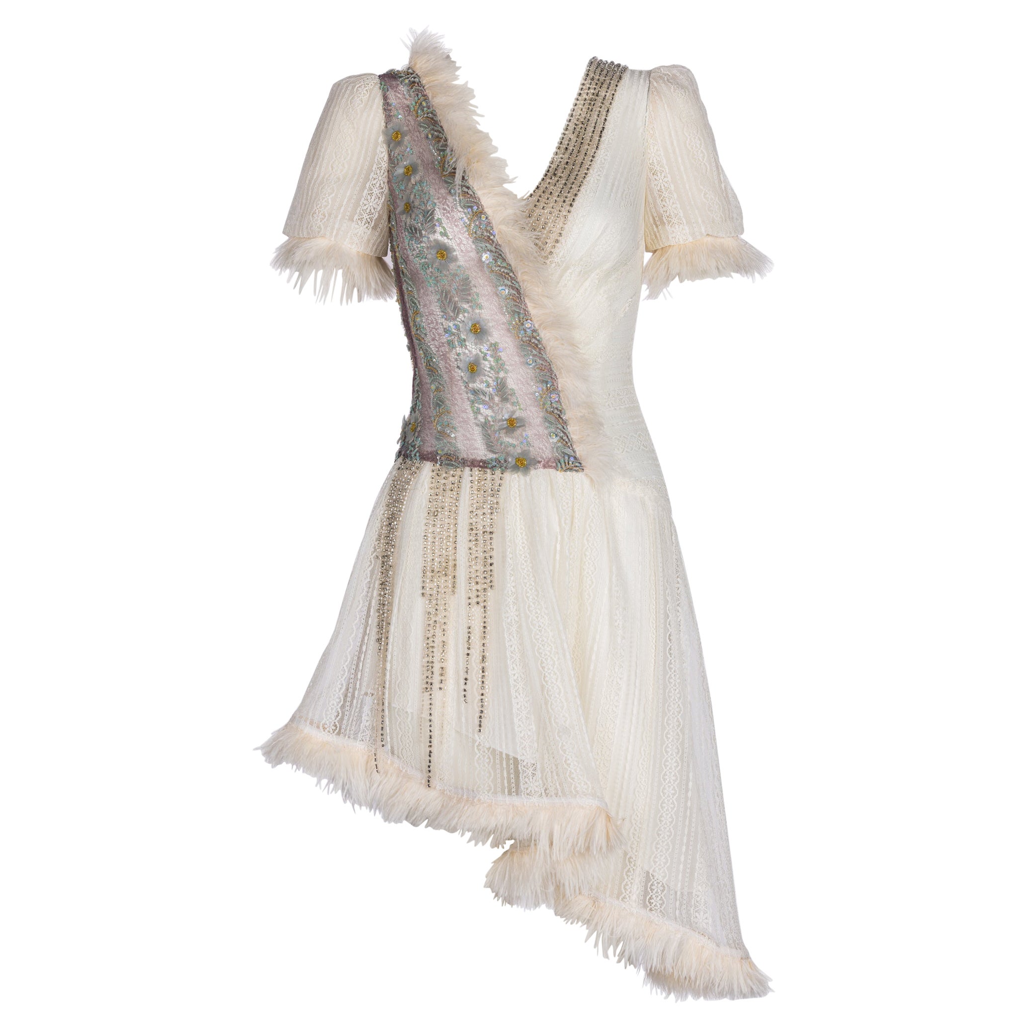 Rodarte Fall 2015 Lace Crystal Embellished Feather Trim Mini Dress For Sale
