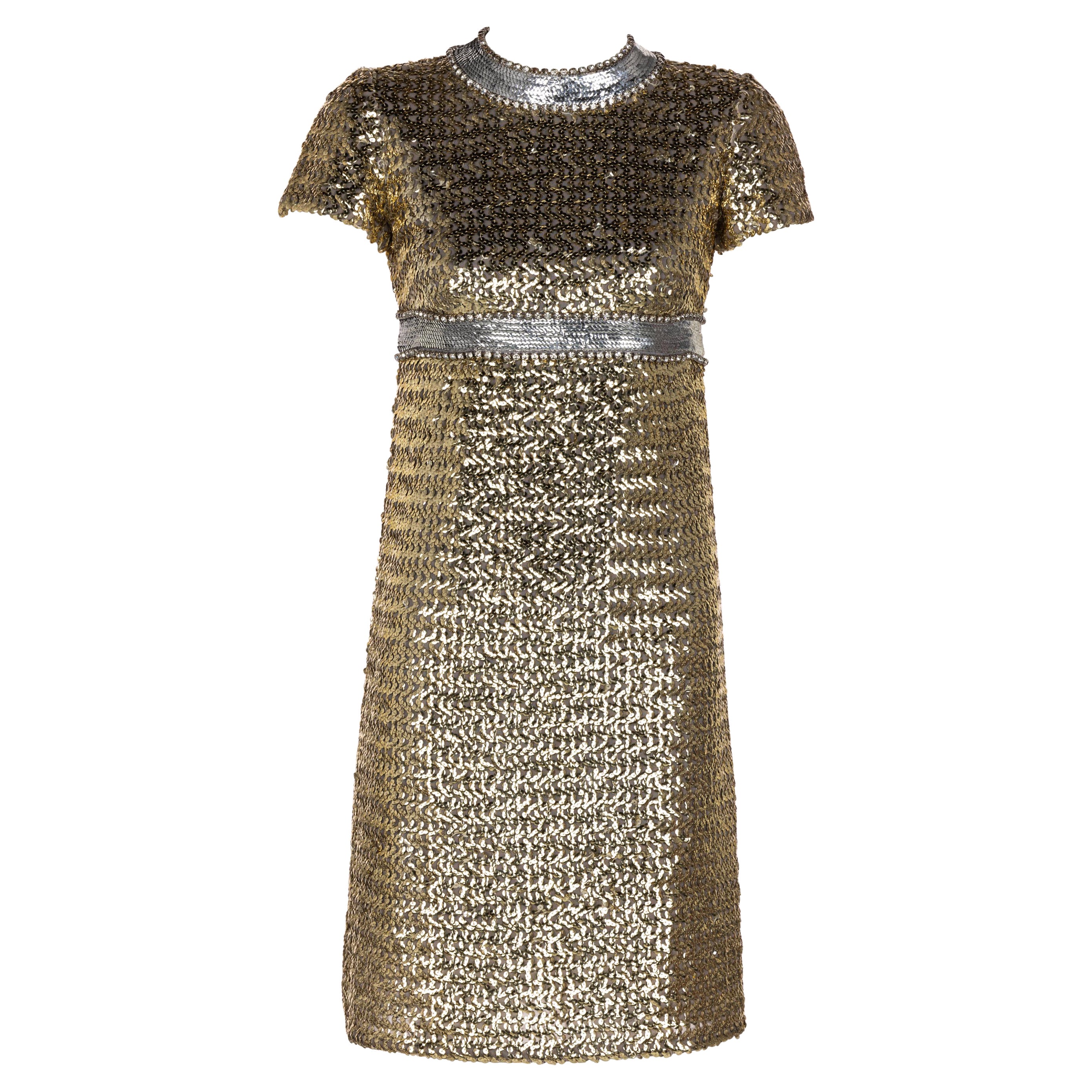 1960s Gold & Silver Sequin Rhinestone Dress possibly Pierre Cardin For Sale