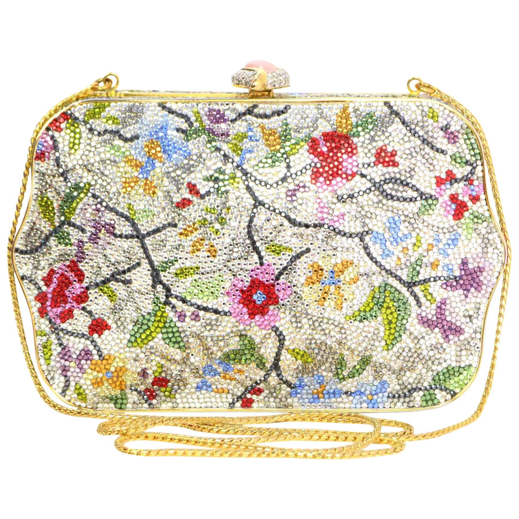 Judith Leiber Multi-Colored Floral Crystal Embellished Minaudiere GHW