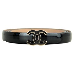 Chanel Black Patent Calfskin Leather CC Logo Skinny Belt sz 90