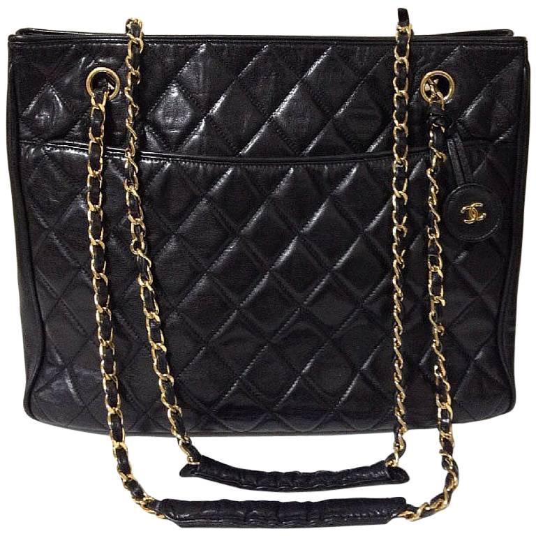 Vintage CHANEL black lambskin classic tote bag with gold tone