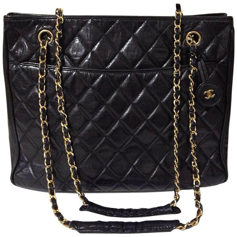 Vintage CHANEL black lambskin classic tote bag with gold tone chain