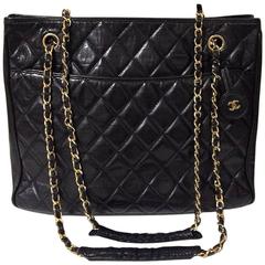 Vintage CHANEL black lambskin classic tote bag with gold tone chain strap and cc 1