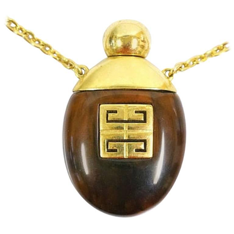 Vintage Givenchy gold chain perfume bottle necklace with brown marble stone For Sale