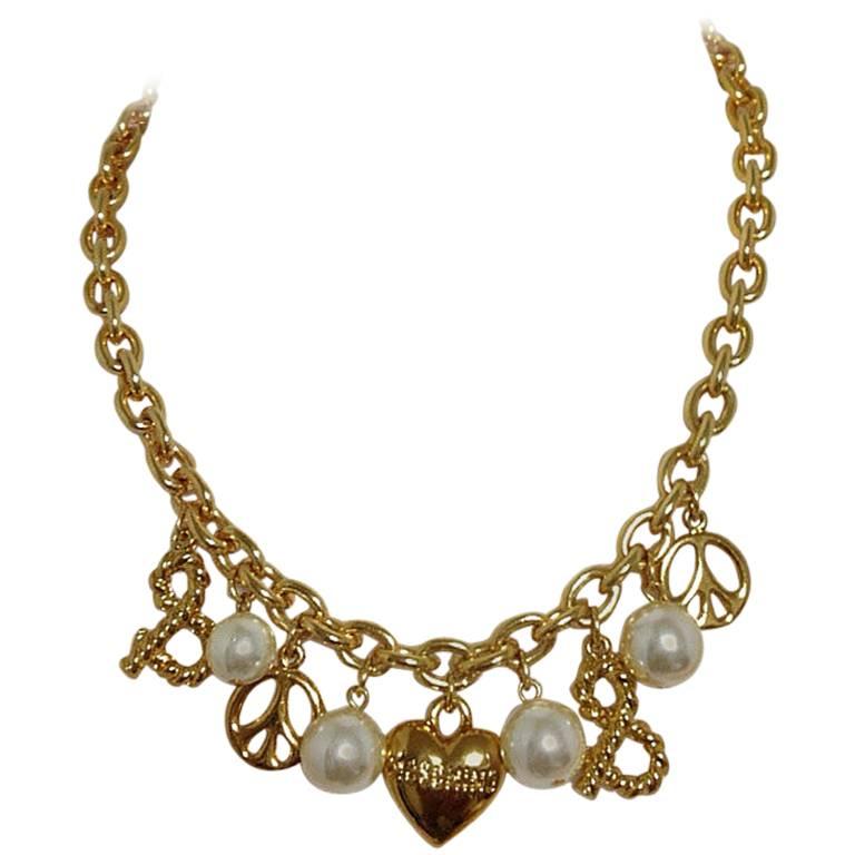 MINT. Vintage Moschino statement necklace with heart, peace mark, faux pearls.  For Sale