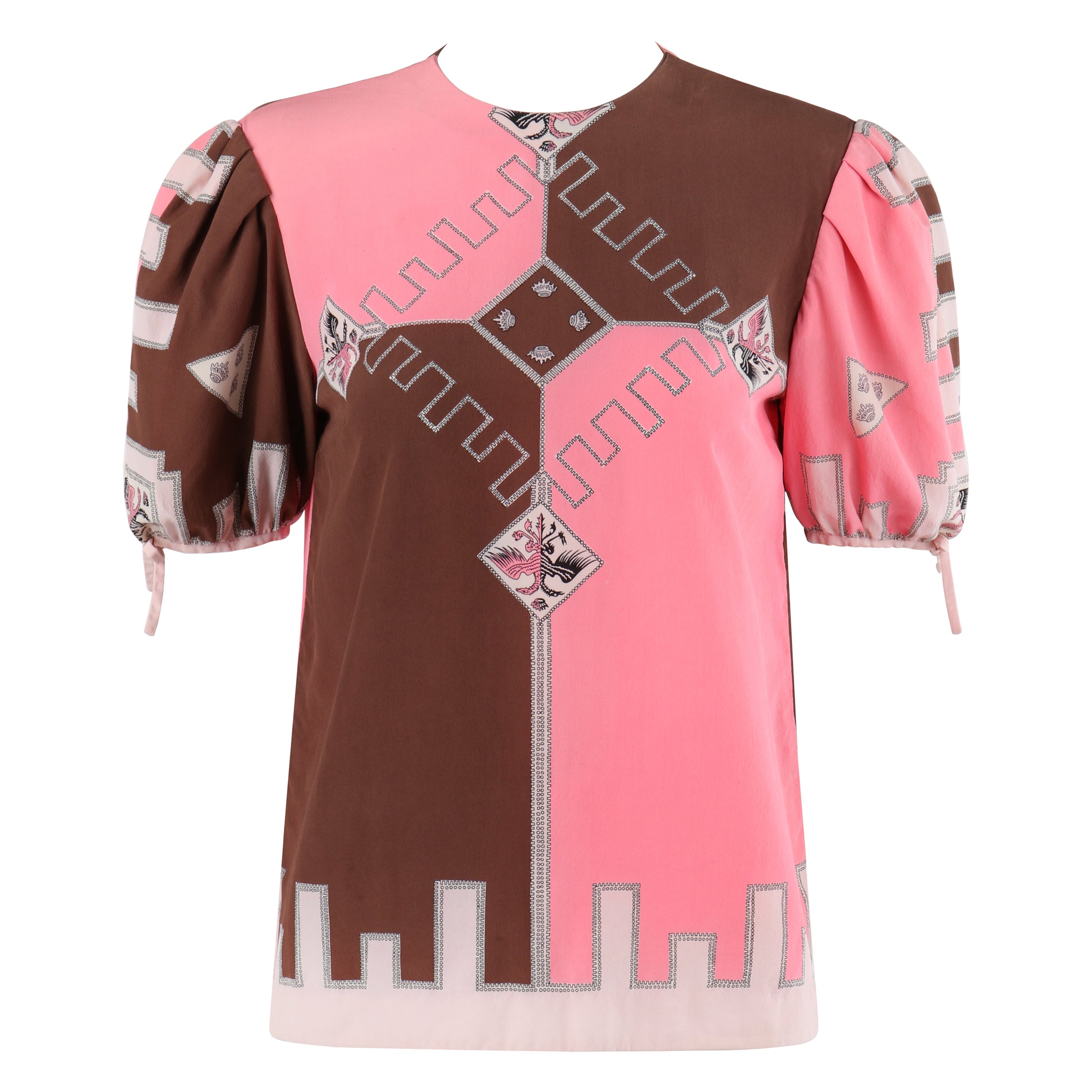 EMILIO PUCCI c.1970 Pink Brown Silk Puff Sleeve Colorblock Blouse For Sale