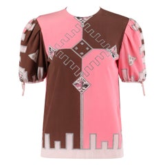 EMILIO PUCCI c.1970 Pink Brown Silk Puff Sleeve Colorblock Blouse