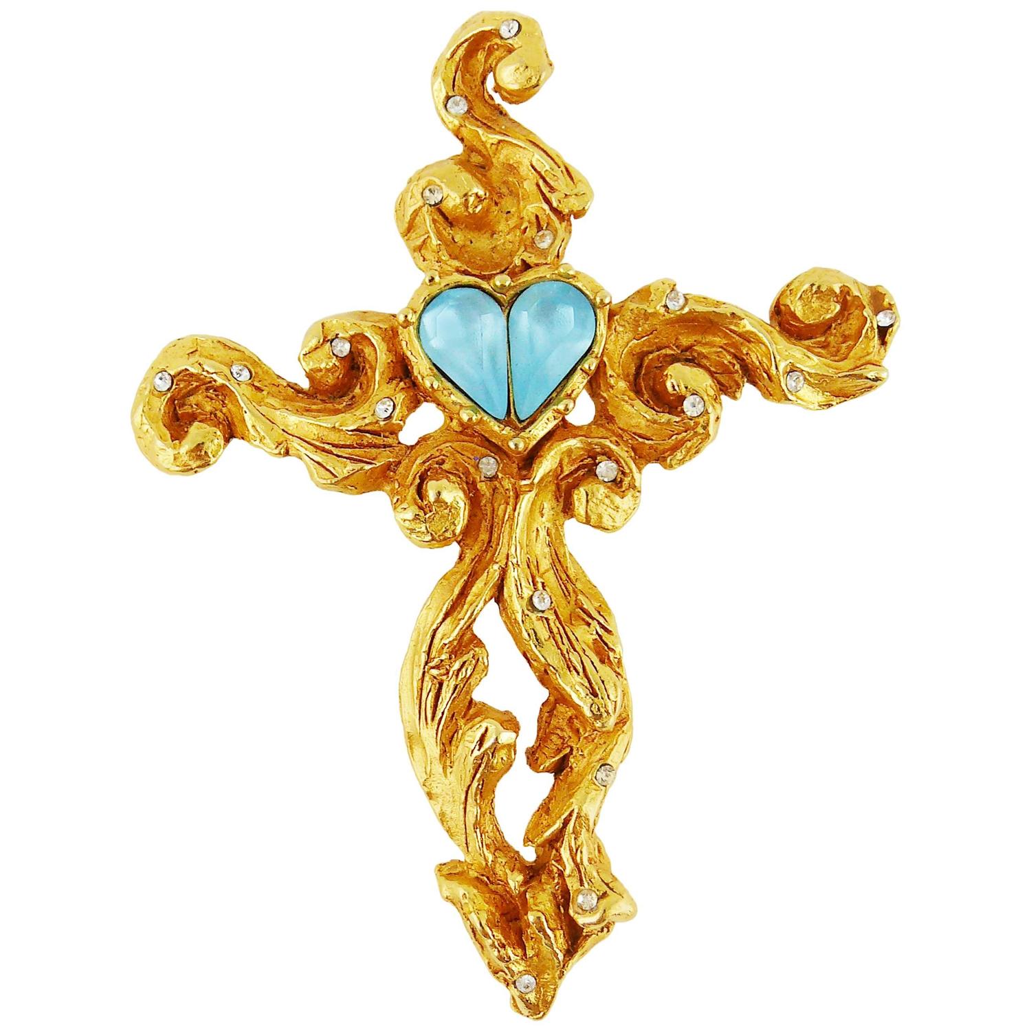 Christian Lacroix Vintage Jewelled Baroque Cross Brooch Pendant For