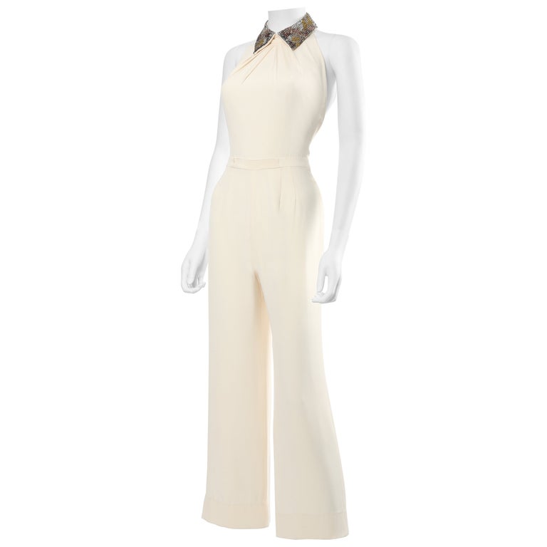 Jenny Packham ivory cream crystal jewel collar backless wedding dress jumpsuit For Sale