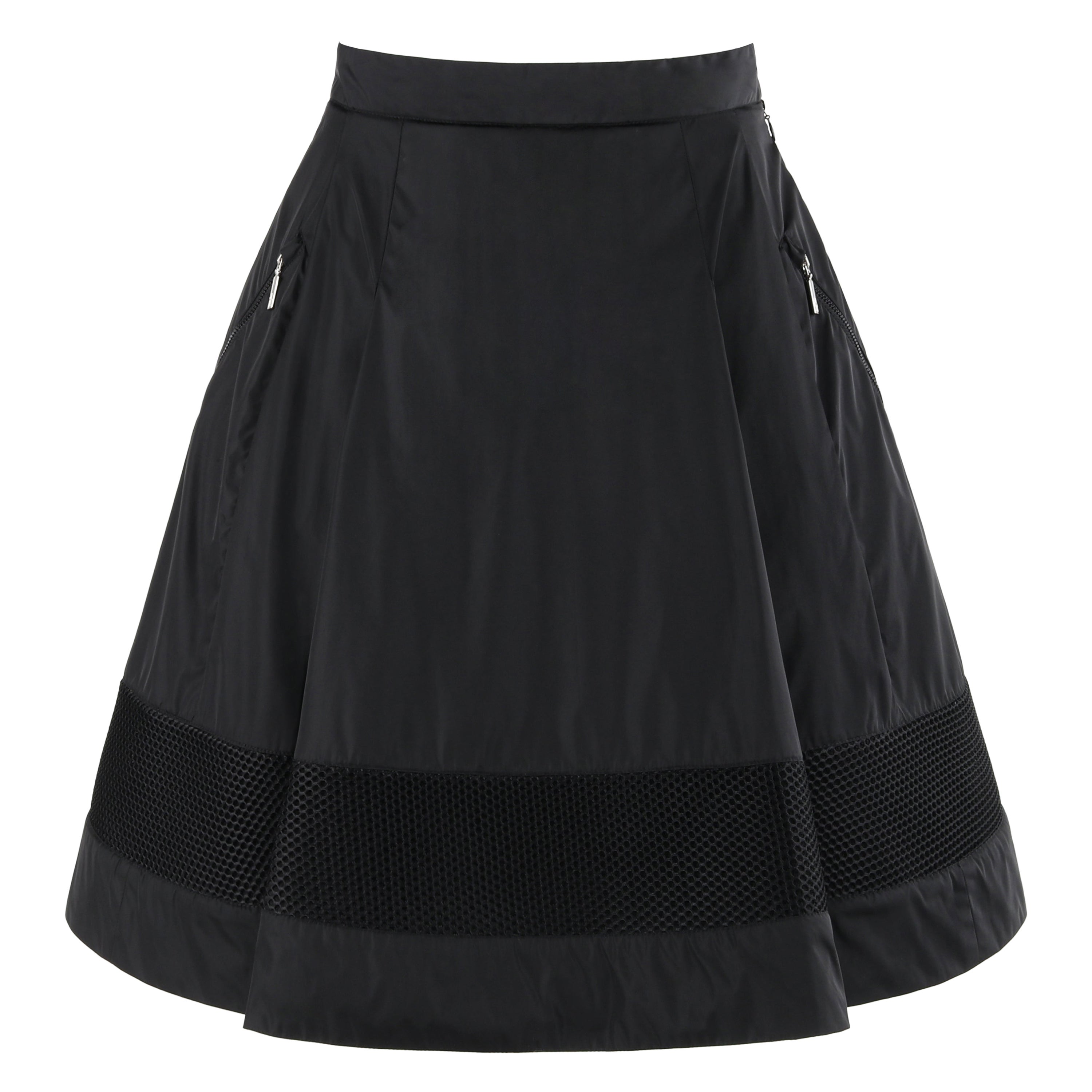 MONCLER c.2009 Nylon Black Mesh Stripe Zip Pocket Pleated Knee Length Skirt For Sale