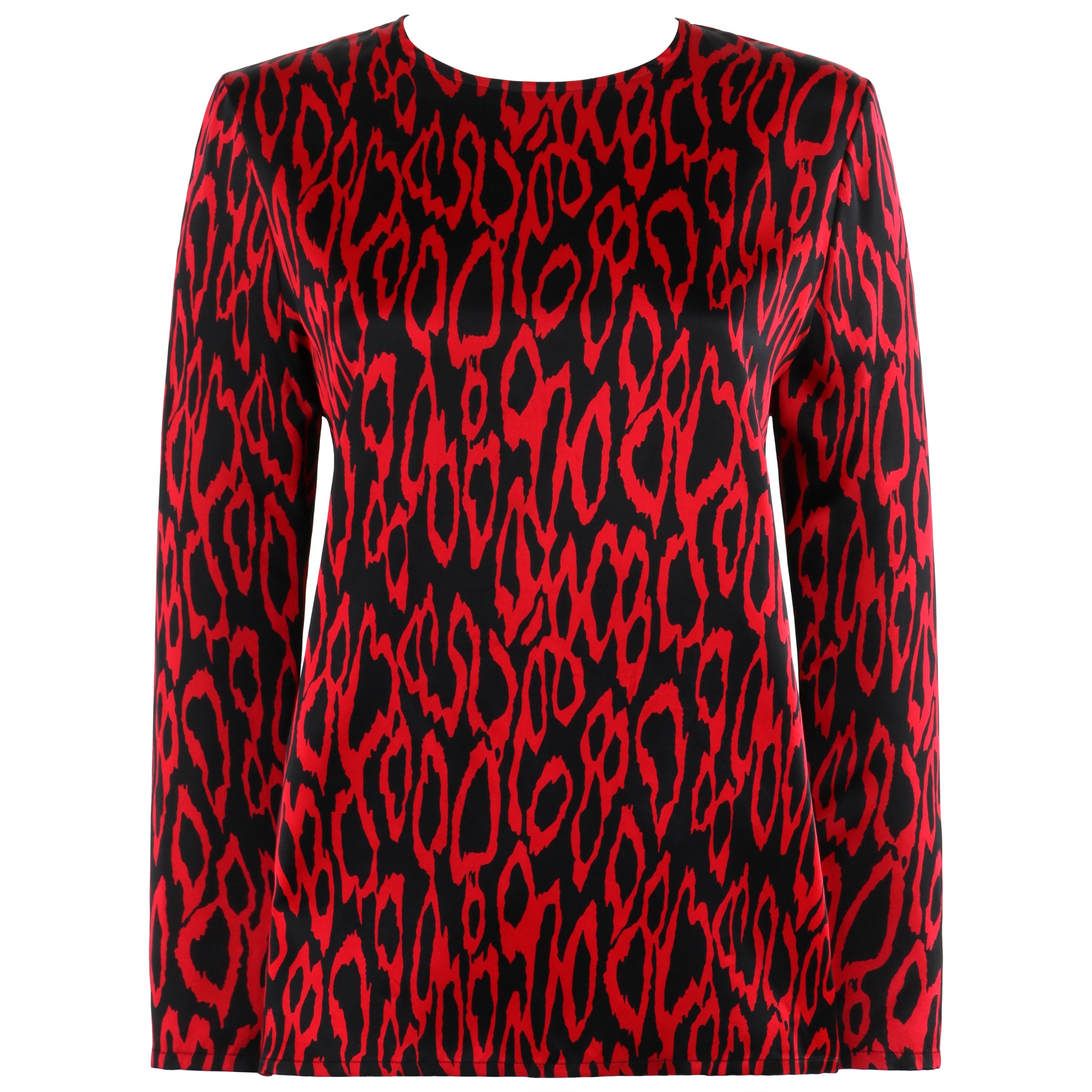 GIVENCHY Boutiques c.1980's Red Black Abstract Print Silk Long Sleeve Blouse Top For Sale