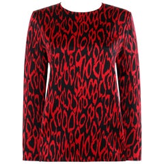 Retro GIVENCHY Boutiques c.1980's Red Black Abstract Print Silk Long Sleeve Blouse Top