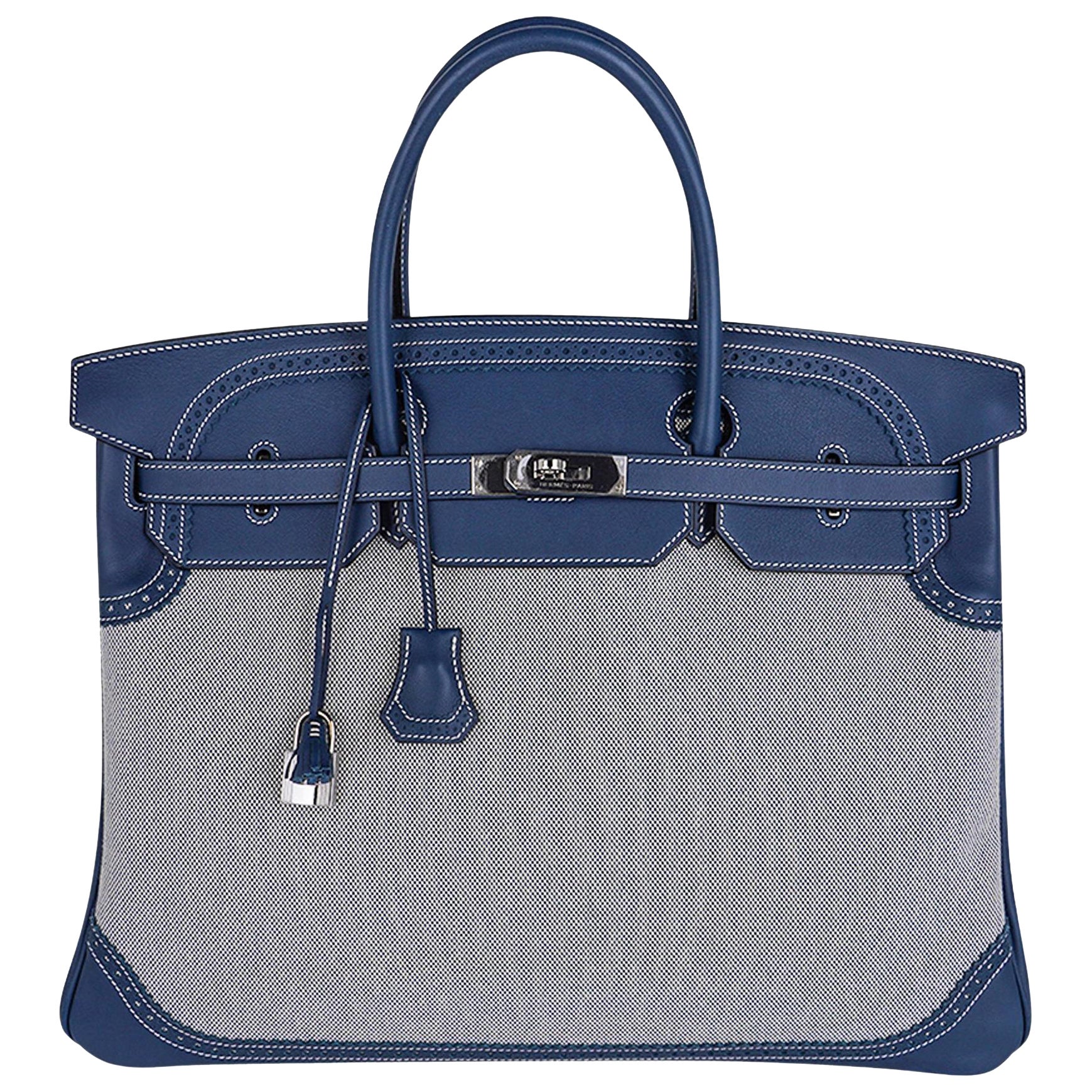 Hermes Birkin 40 Ghillies Blue de Prusse w/ Blue Toile Bag Limited Edition