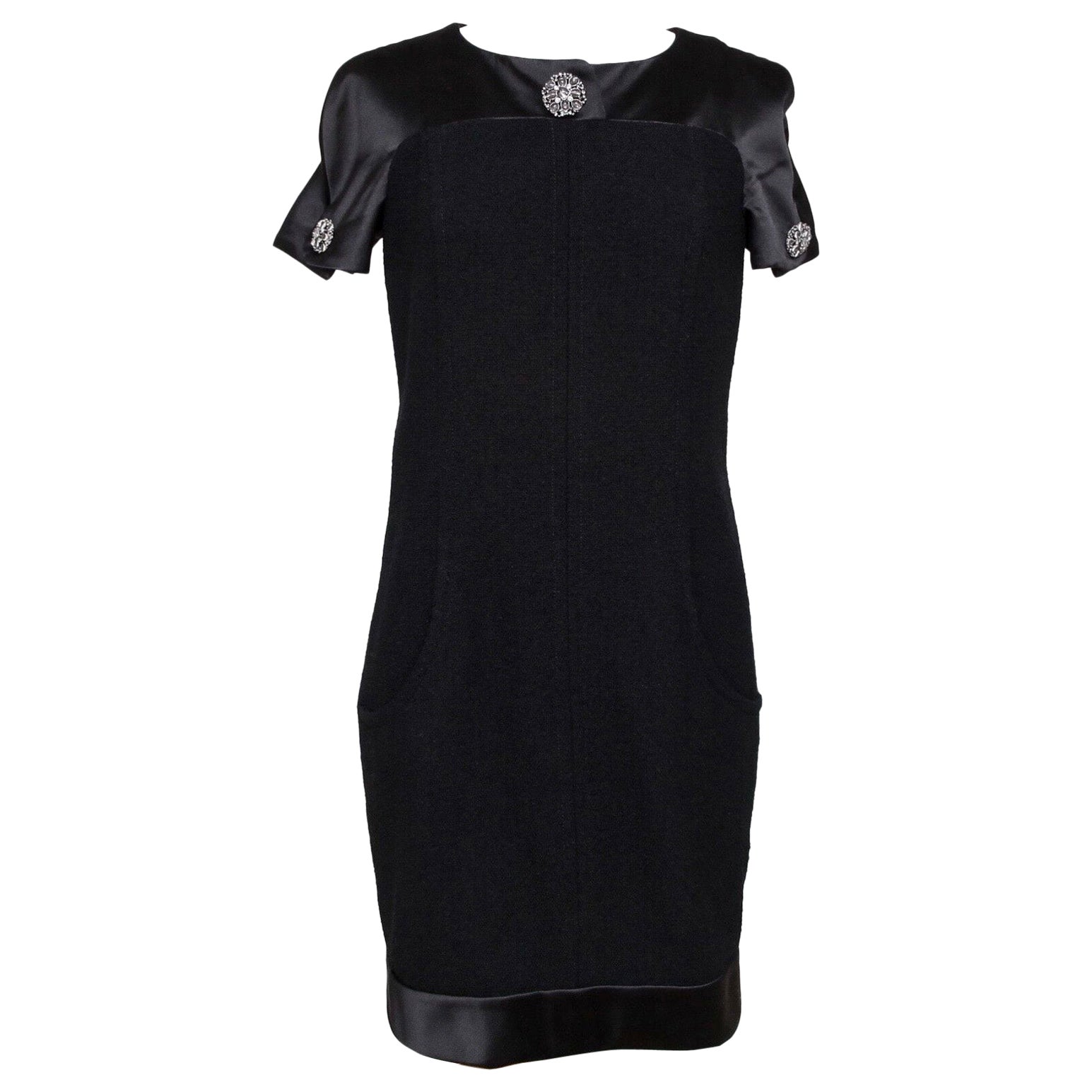 CHANEL Dress Wool Blend Black Satin Shift Cap Sleeve Gripoix Sz 38 2015 For Sale