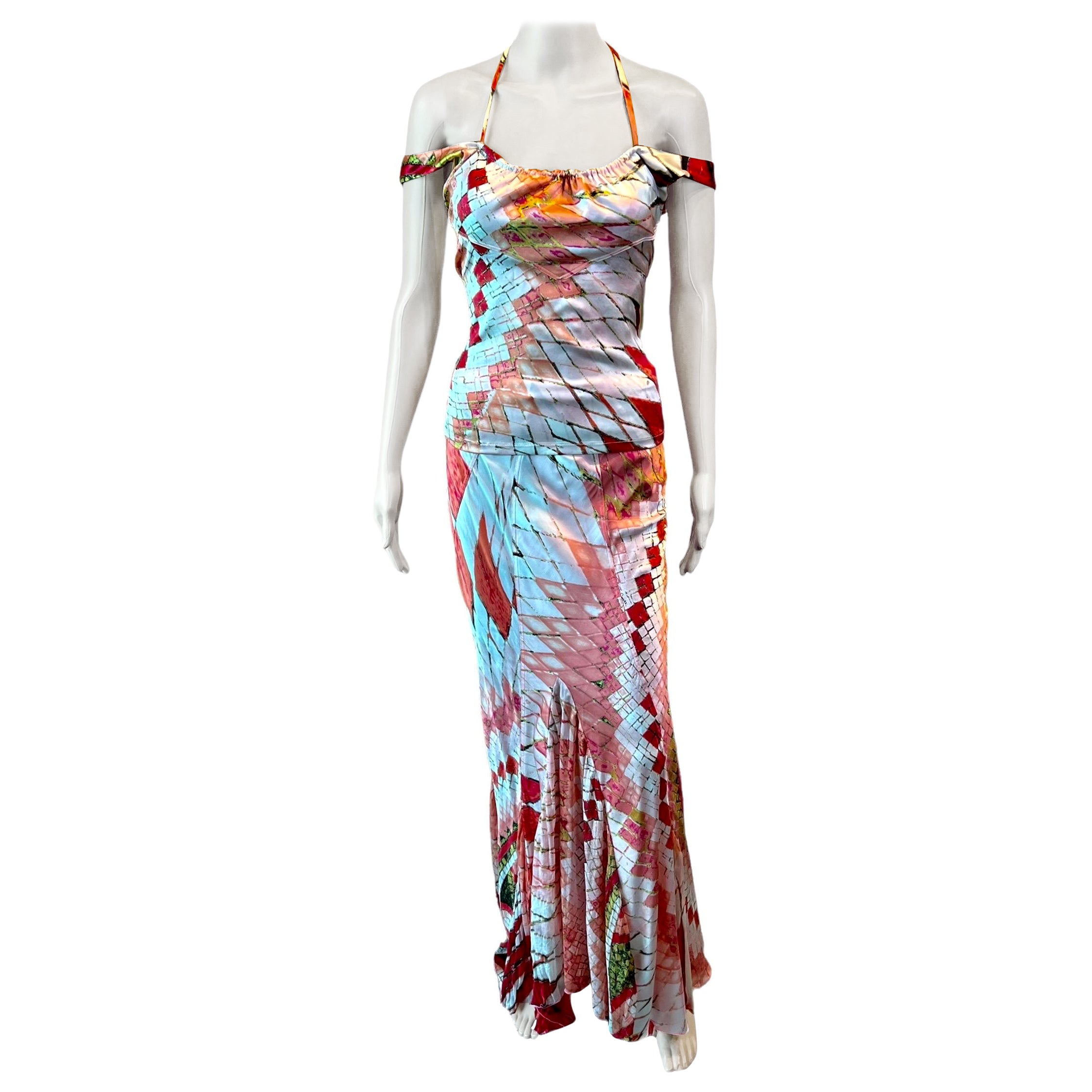 Conjunto de 2 piezas Roberto Cavalli S/S 2004 Top de seda con tirantes y maxifalda