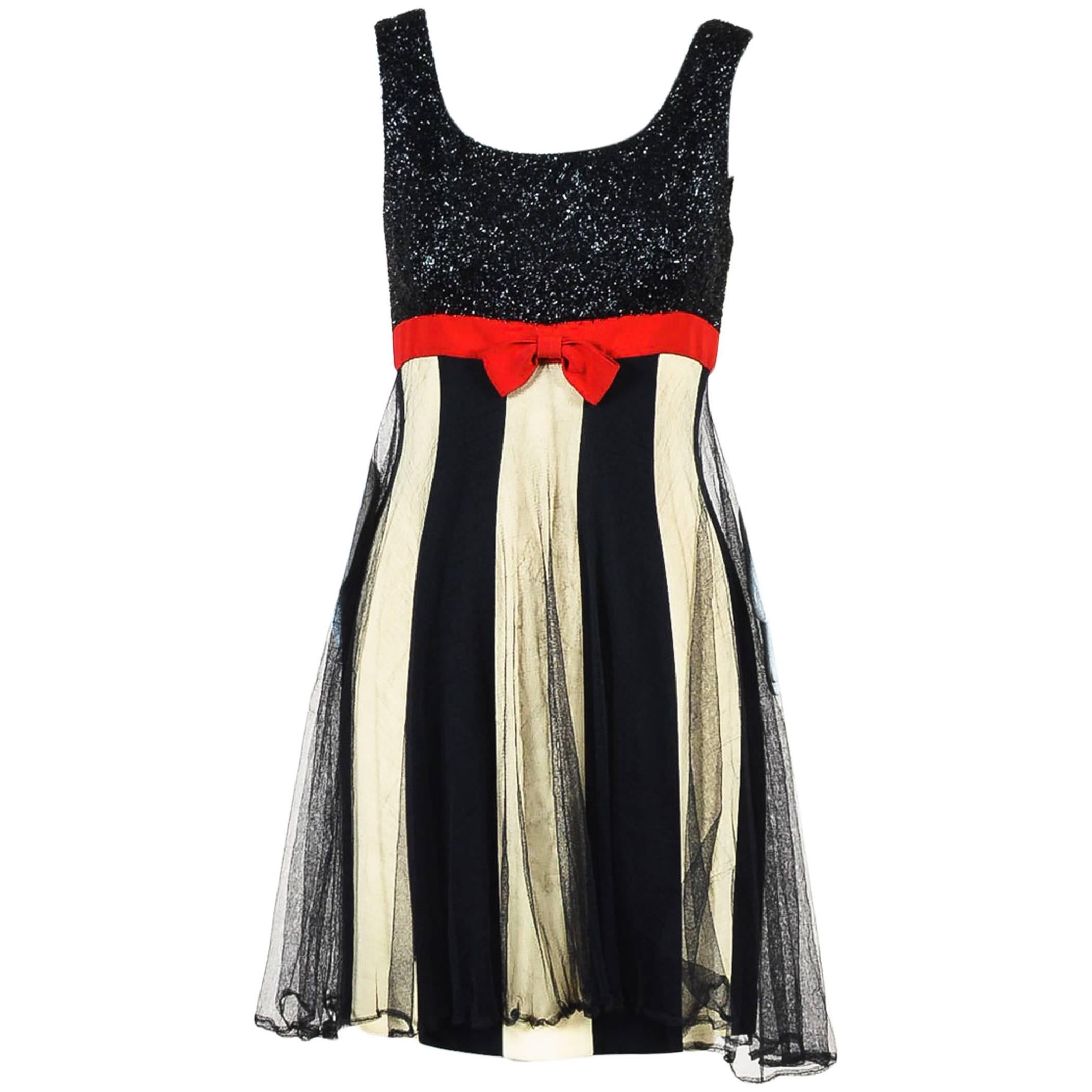 Vintage Moschino Couture Black Cream Red Metallic Stripe SL Layered Dress SZ 8 For Sale