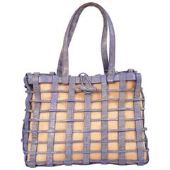 Nancy Gonzalez Blue Woven Crocodile and Natural Straw Bag