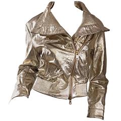 Vintage Gianfranco Ferre Gold Leather Distressed Motorcycle Moto 90s Jacket