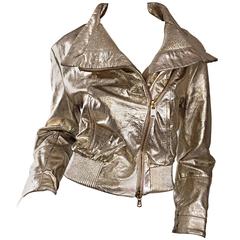 Retro Gianfranco Ferre Gold Leather Distressed Motorcycle Moto 90s Jacket 