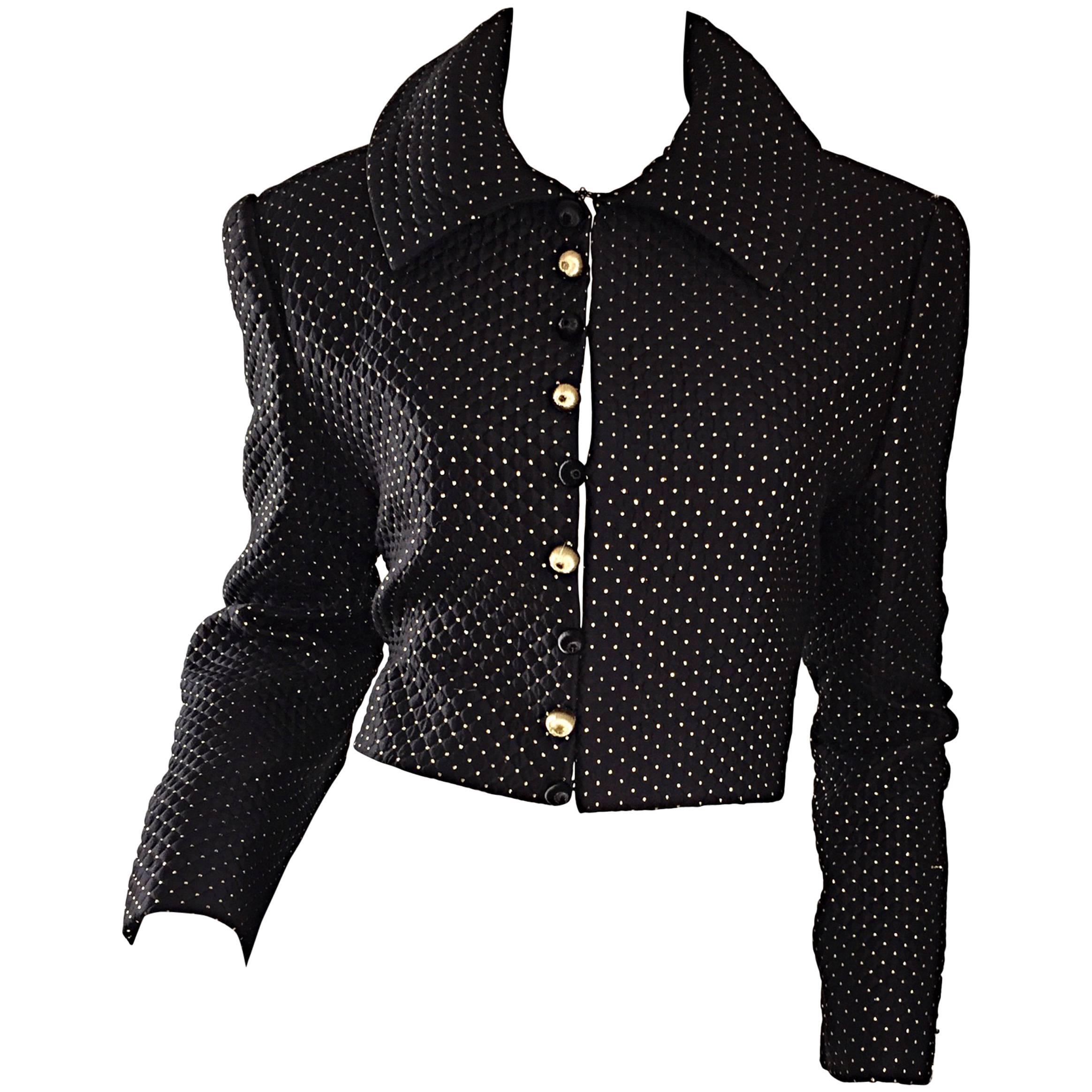 Carolyne Roehm for Saks 5th Avenue 1990s Black + Gold Silk Cropped Bolero Jacket For Sale