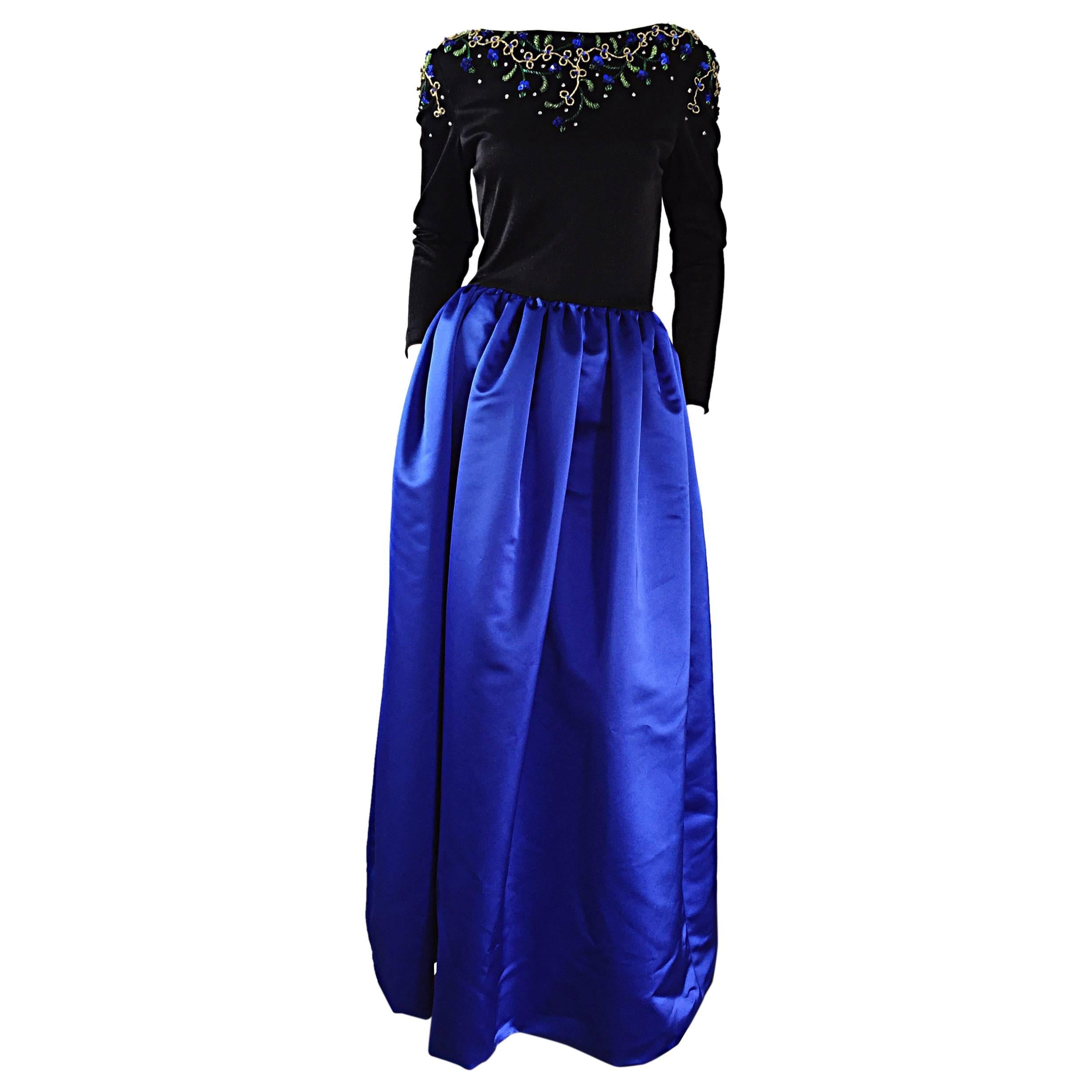 Magnifique robe de soirée vintage Victoria Royal en soie perlée bleu saphir et noir en vente