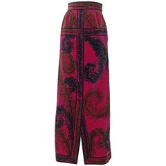 Vintage Emilio Pucci for Saks 1960s Fuschia Pink Velvet Feather Print Maxi Skirt