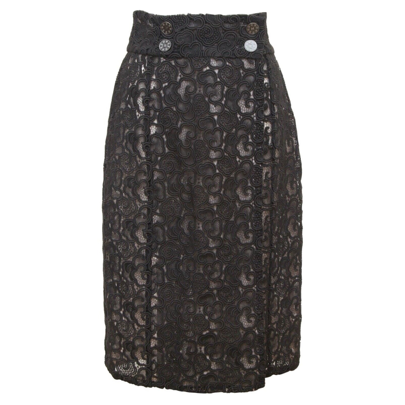 CHANEL Black Skirt Lace Cotton Faux Wrap Lined Paris Seoul 2016 Sz 38 For Sale