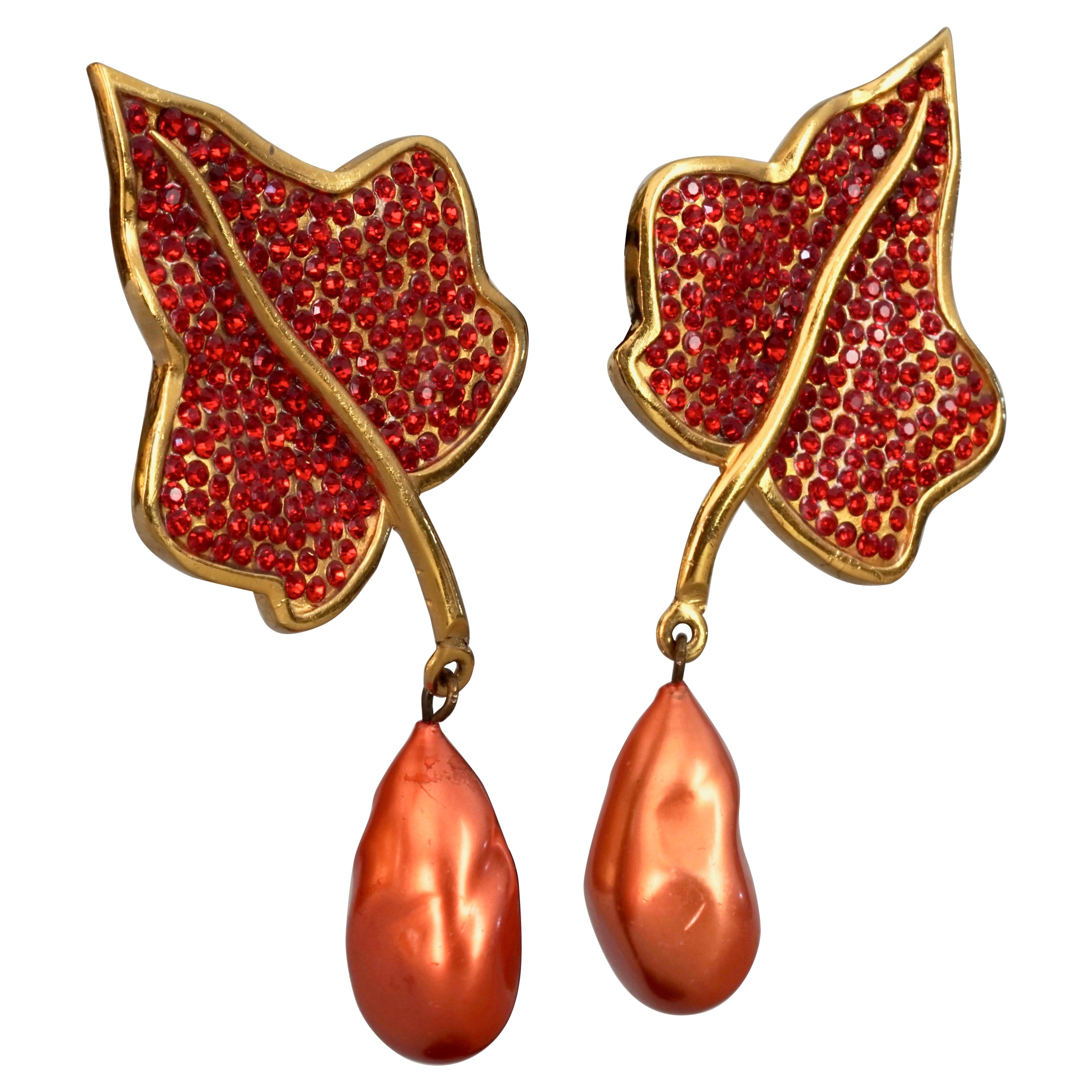 Vintage Massive LANVIN PARIS Jewelled Vine Leaf Pearl Earrings For Sale
