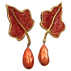 Vintage Massive LANVIN PARIS Jewelled Vine Leaf Pearl Earrings