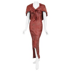 Vintage 1970's Holly's Harp Bird Garden Print Burgundy Brocade Bias-Cut Capelet Gown