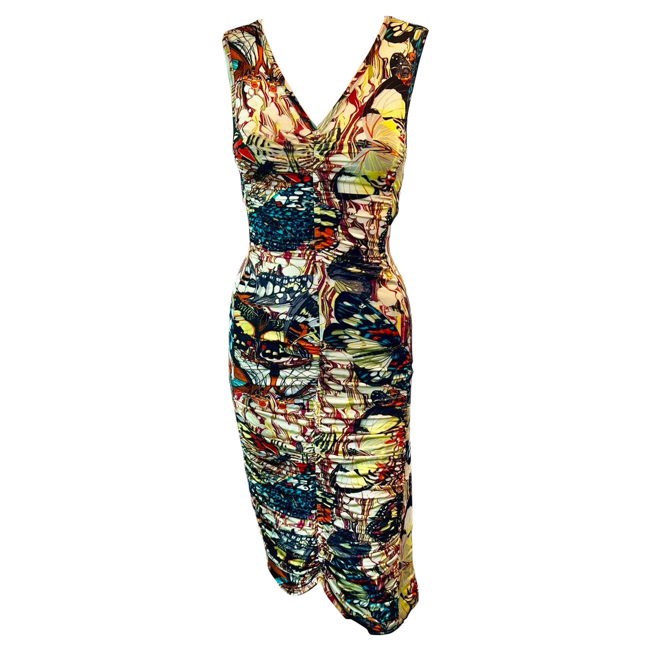 Jean Paul Gaultier Soleil S/S 2003 Butterfly Print Ruched Bodycon Mini Dress For Sale