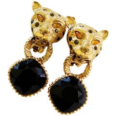 Vintage Spotted Leopard Head Earrings with Indigo Blue Crystal Clip Style Graziano 90s