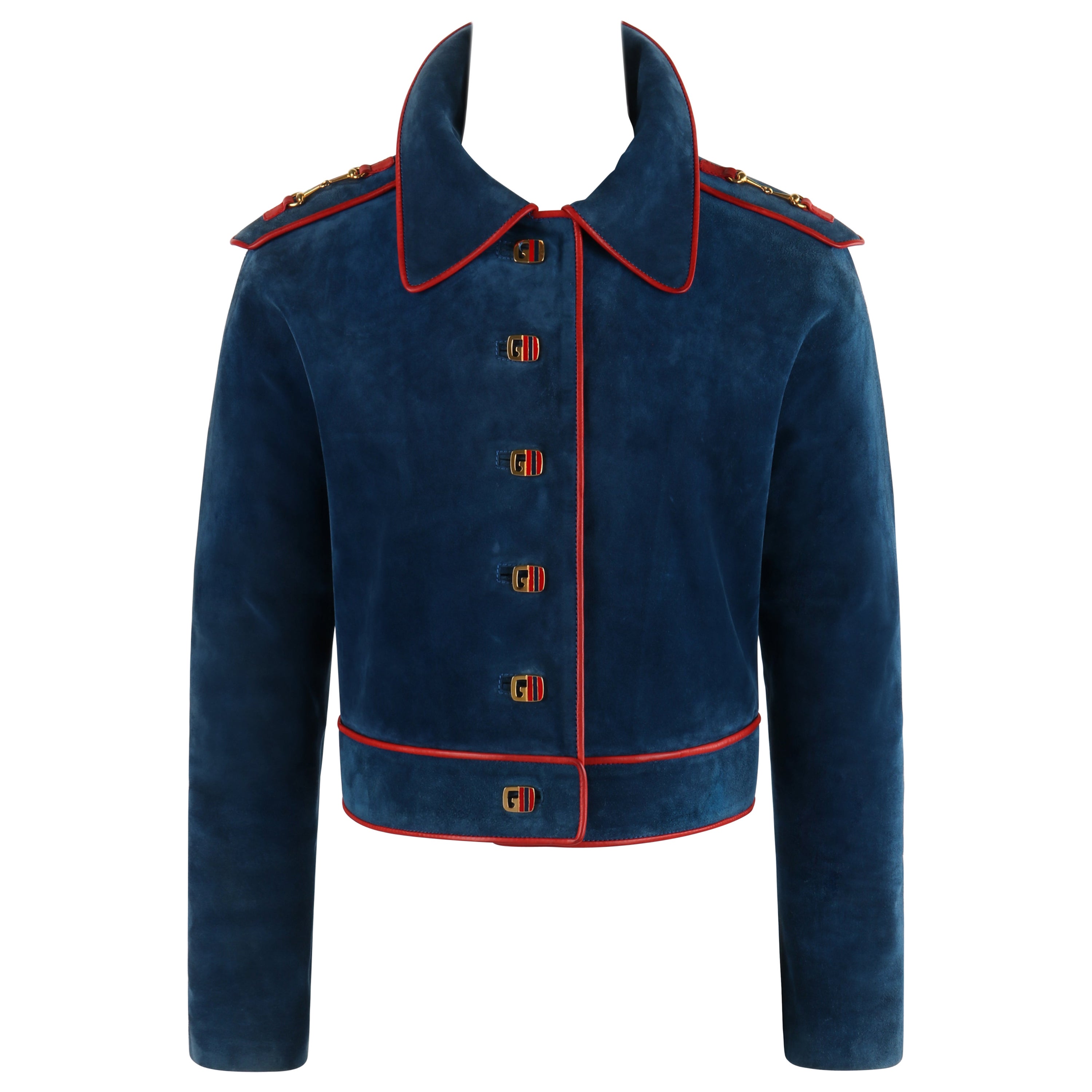 GUCCI c.1970s Blue Red Suede Leather Trim Horse Bit Button-Up Cropped Jacket For Sale