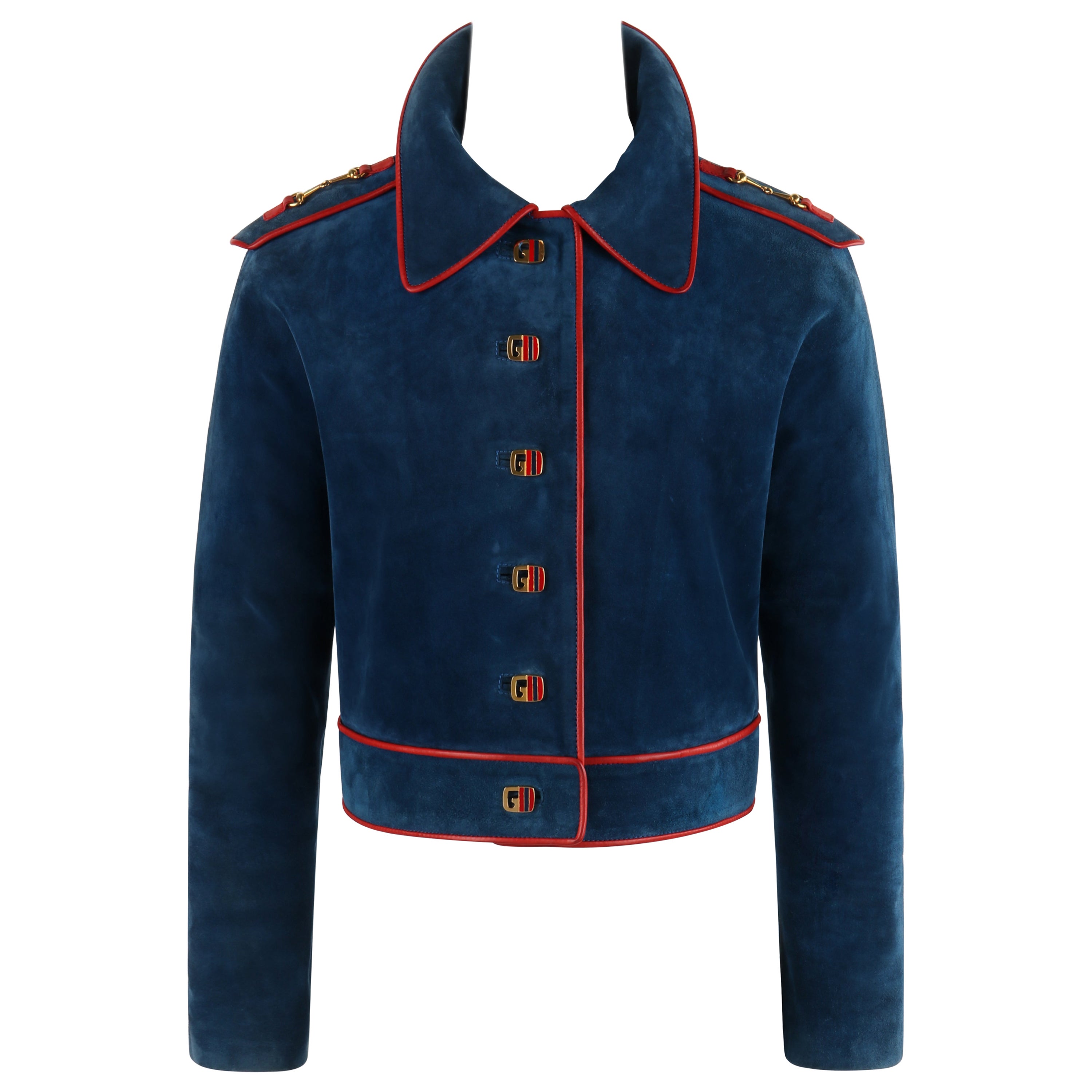 GUCCI c.1970s Veste courte boutonnée en daim bleu rouge avec bordure en cuir et mors de cheval en vente