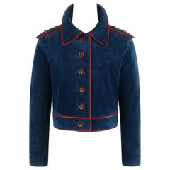 GUCCI c.1970s Blue Red Suede Leather Trim Horse Bit Button-Up Cropped Jacket