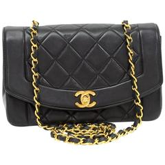 Vintage Chanel 9" Dianna Classic Black Quilted Leather Shoulder Flap Bag