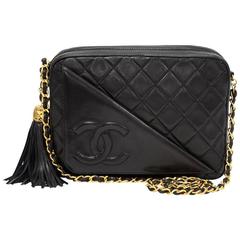 Retro Chanel 9" Black Quilted Leather Fringe Shoulder Pochette Bag