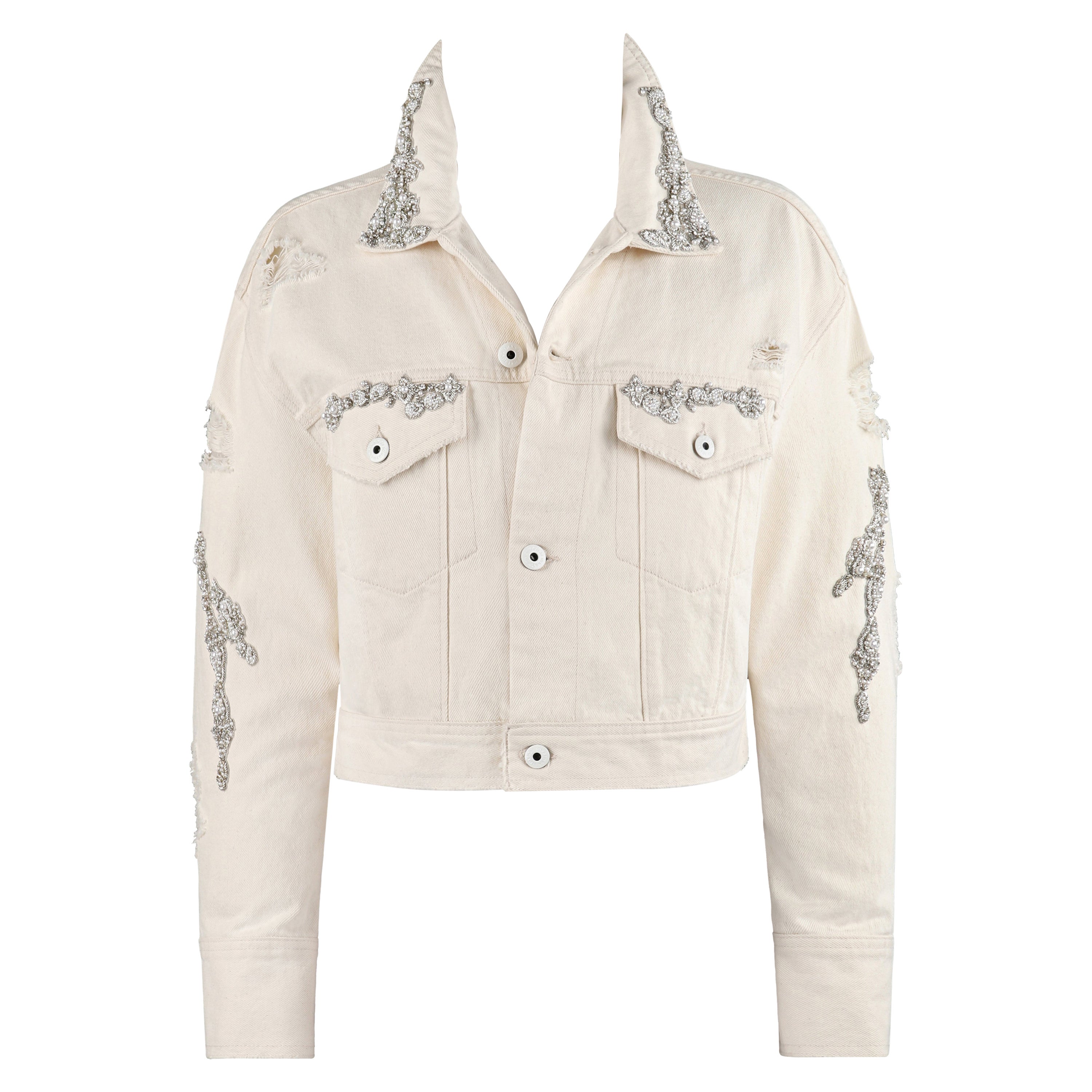 JONATHAN SIMKHAI Spring 2018 Cream Distressed Crystal Beaded Cropped Jacket NWT For Sale