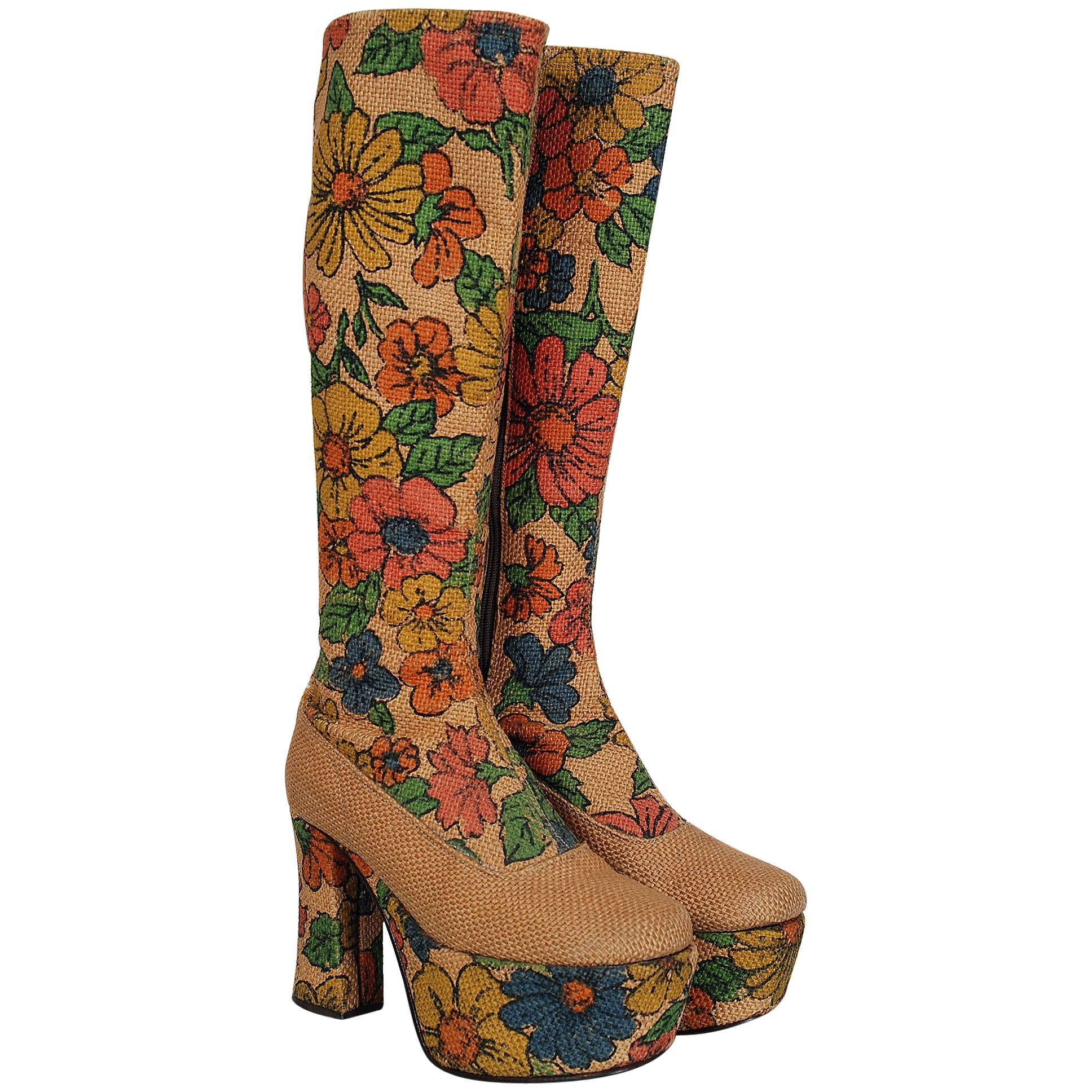 Colorful Floral Garden Print Barkcloth Knee-High Platform Hippie Boots, 1970s 