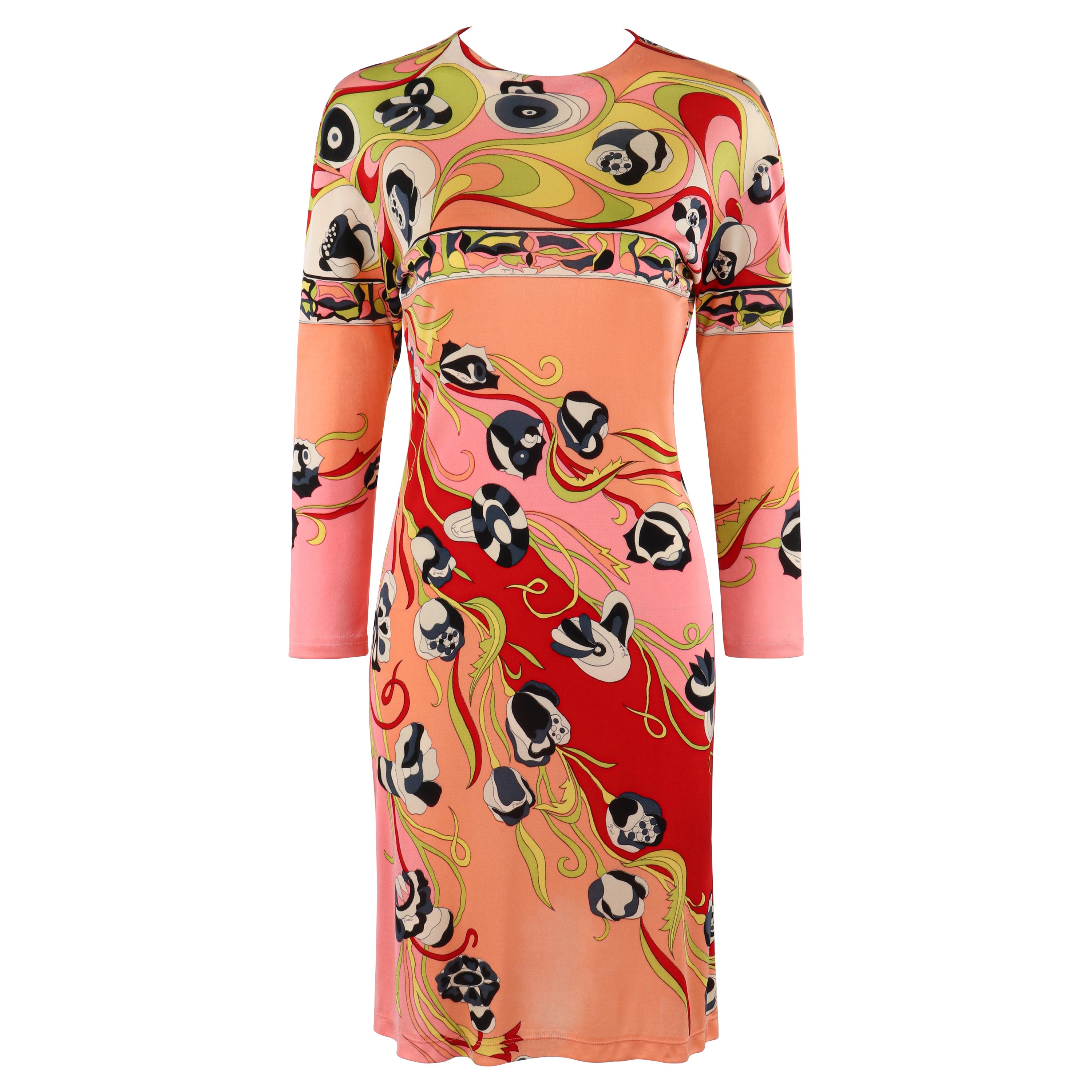 EMILIO PUCCI c.1970s Multicolor Floral Abstract Print Silk Knee Length Dress For Sale