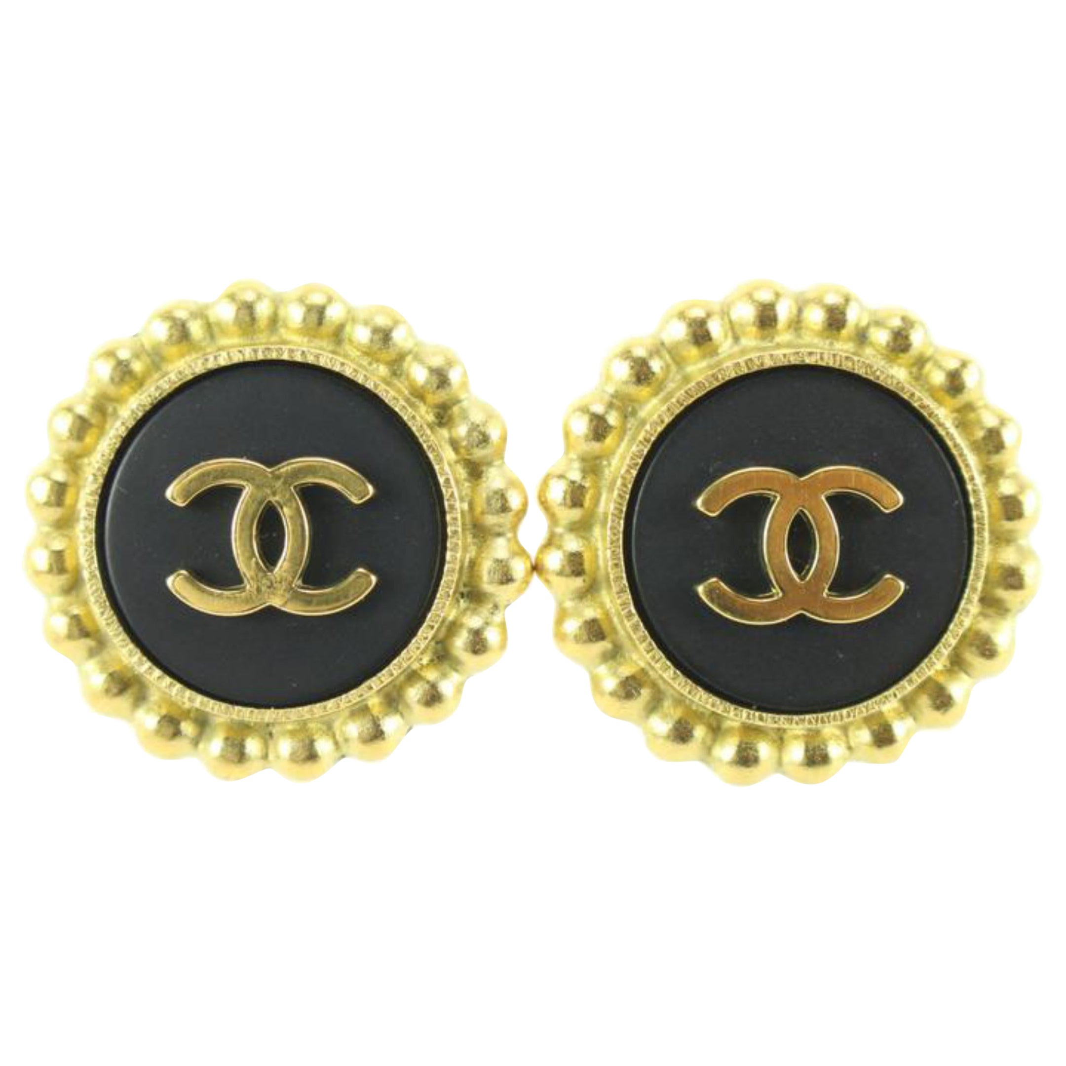 Chanel 95p Black x 24k Gold Plated CC Earrings68cc718s For Sale