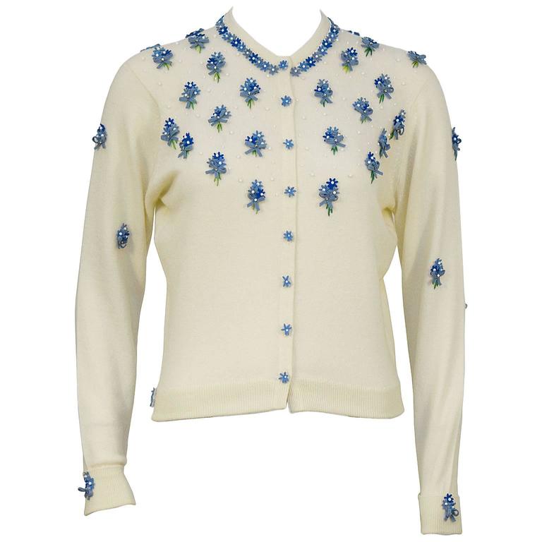 1950''s Pringle of Scotland Cream Cardigan with Blue Flowers at 1stDibs