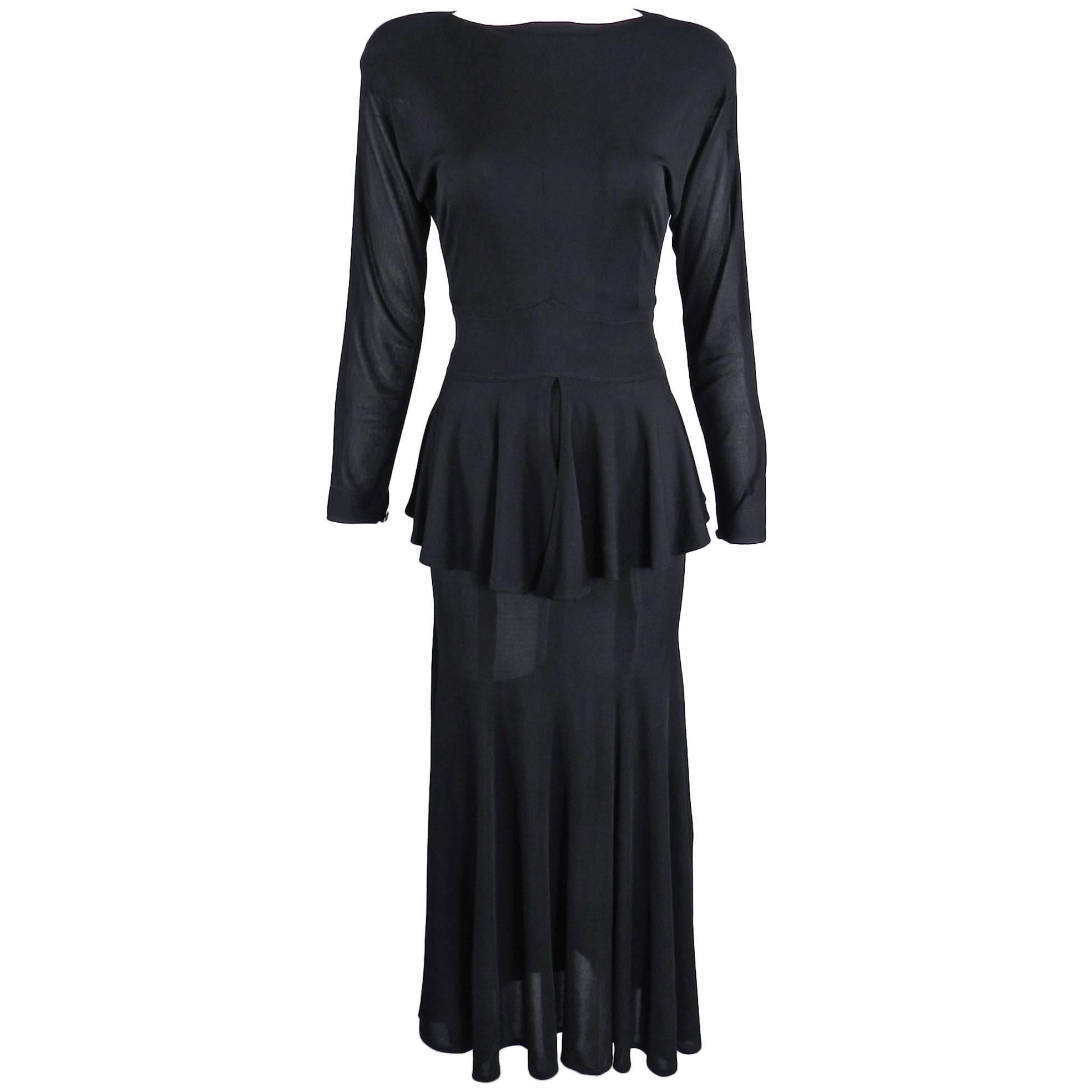 Jean Muir Vintage 1980's Black Jersey Peplum Dress
