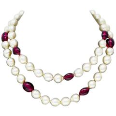 1960's Anonymous Faux Pearl & Red Poured Glass Necklace